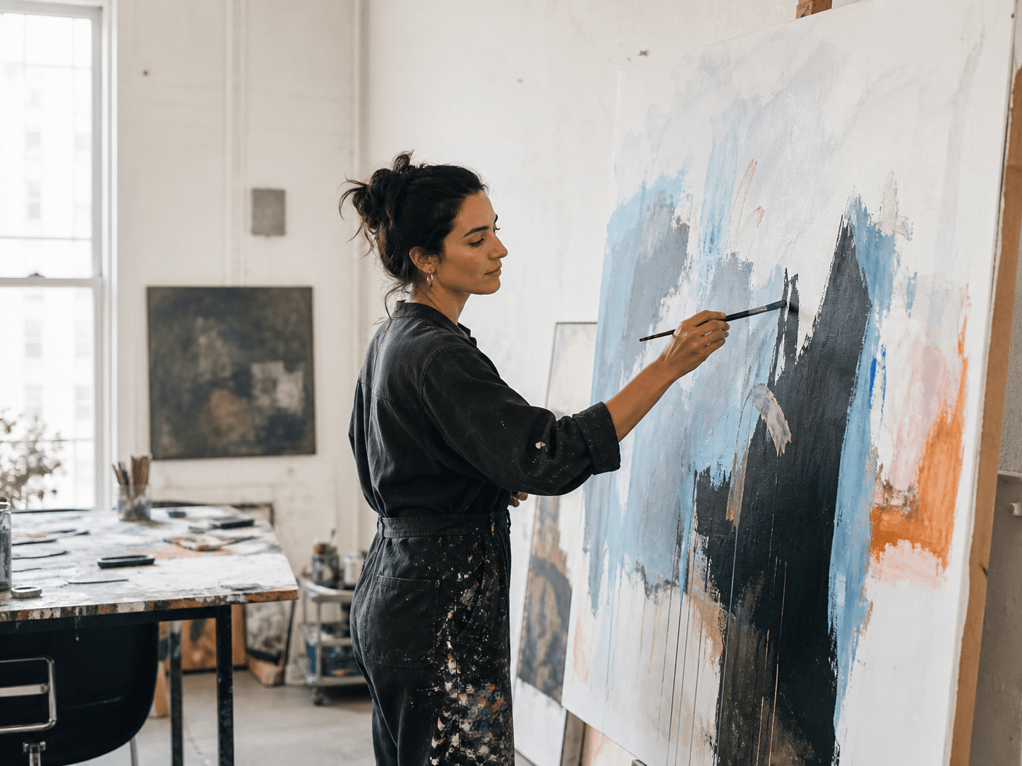 An independent artist at work in a bright studio