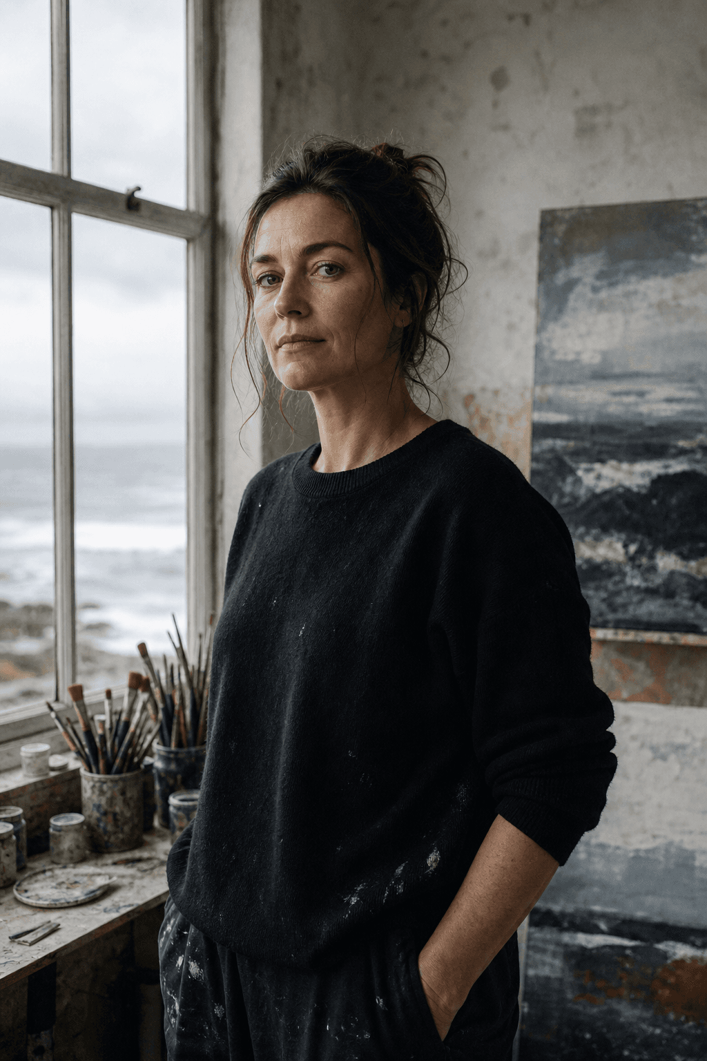 Fictional artist Mara Vale in her coastal studio
