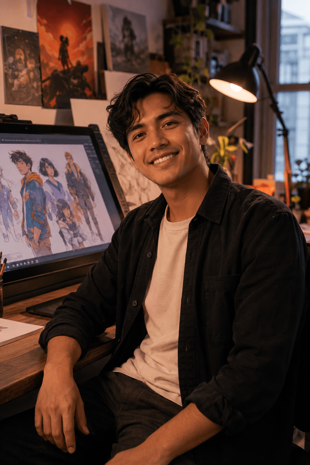 Fictional artist Milo Reyes in his home digital art studio